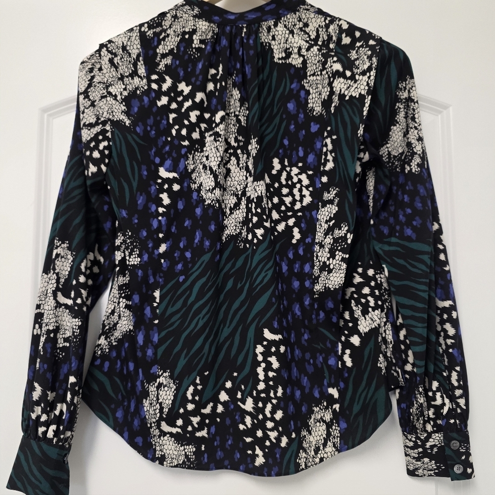 Veronica Beard Buckley Floral Silk Blouse Green Black Size 00 Loose Fit Preppy - Picture 8 of 13